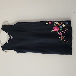 MV Linen Black Floral Embroidered Shift Knee Length Dress M (Q17)